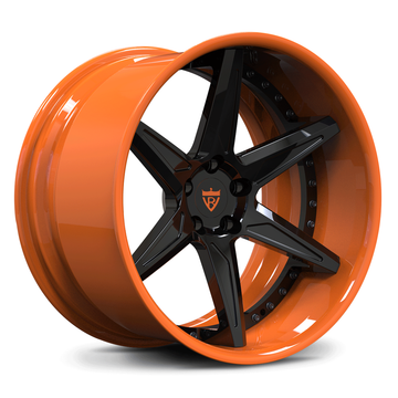 CUSTOM FORGED 2-PIECE DEEP CONCAVE WHEELS: RV-DC19 in vibrant orange with black accents for Nissan 350z custom wheels.